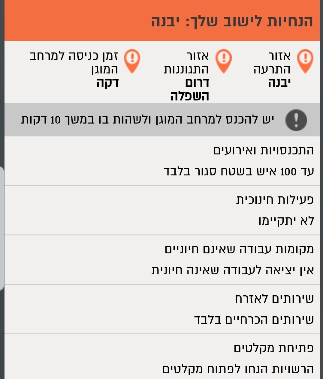 הוראות פיקוד העורף עבור העיר יבנה